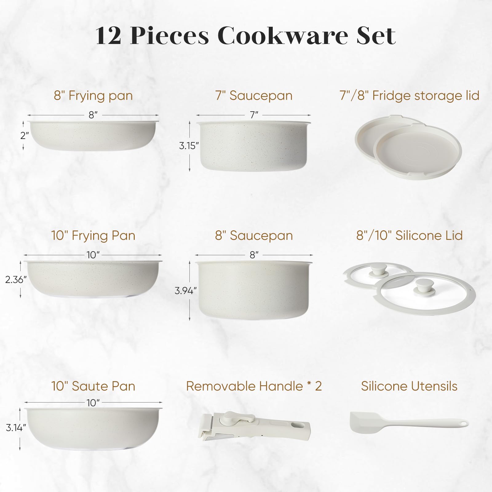 JHK Set di pentole e padelle, 12 pezzi, set di pentole antiaderenti con manico staccabile, utensili da cucina per le tue esigenze di cucina domestica, beige