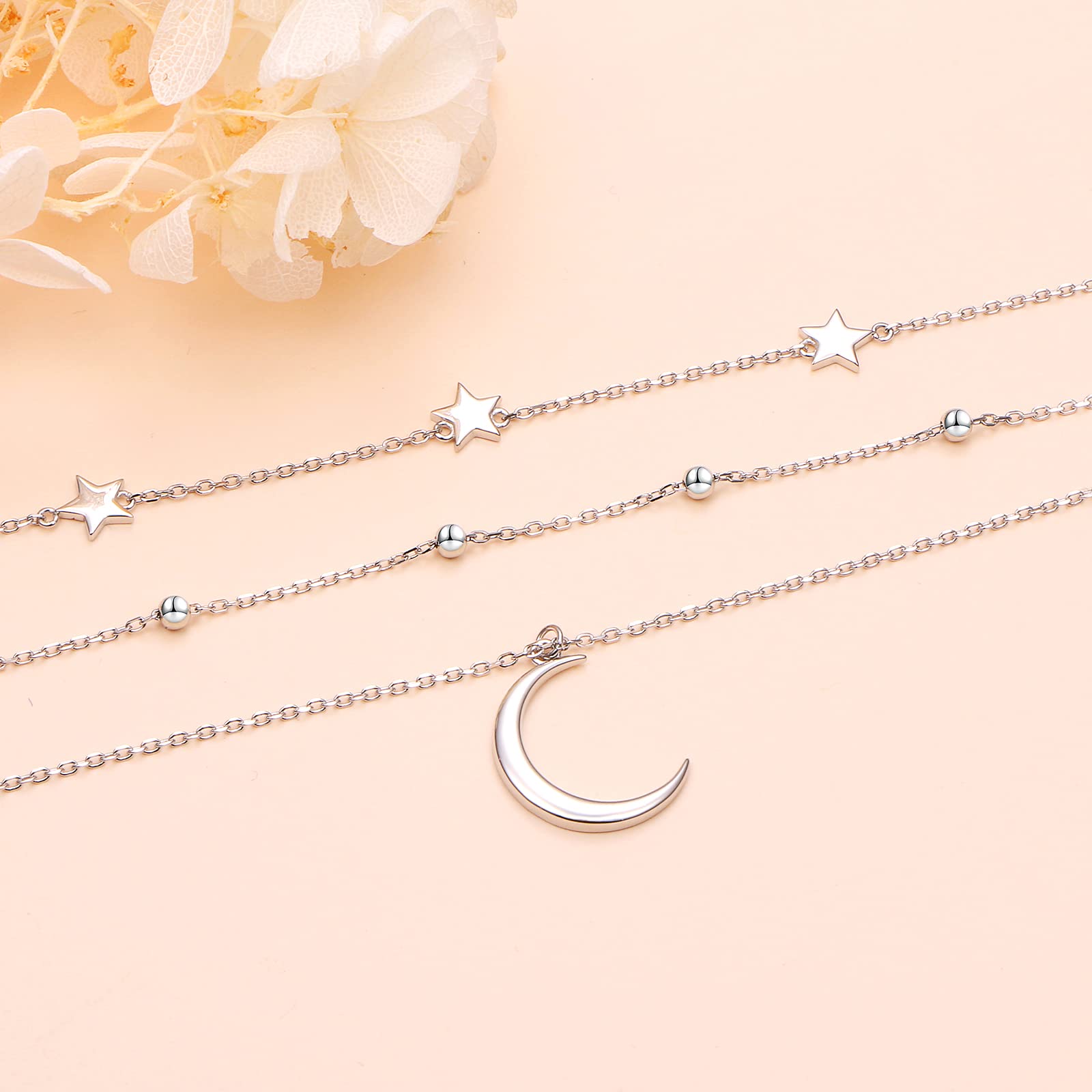 Collares de plata de ley 925 en capas, sol y luna, estrella, mal de ojo, círculo, barra, collar multicapa de triple cadena larga, colgante de clavícula en Y para mujer