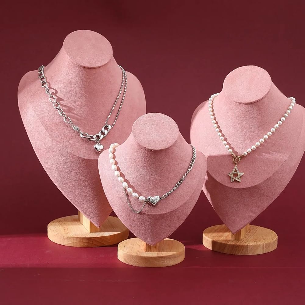 2 Pack of Solid wood props portrait model chain and long necklace display props, jewelry retail store counter model necklace pendant jewelry stand rack for vender selling (pink, 2 Pack (M+L))