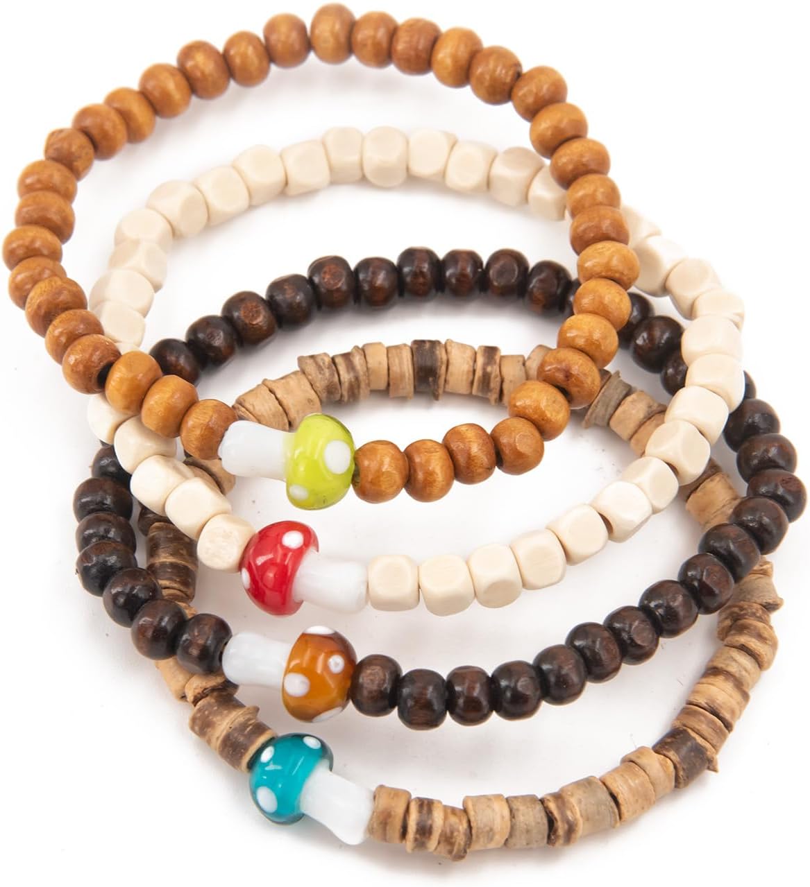 4-Piece Set of Unique Wooden Mushroom Beaded Elastic Bracelets - Unisex, Rustic Bohemian Style, Multi-Color,Good Gifts for Mom,Dad, Boyfriend, Girlfriend, Best Friend,Roommate or Classmate. - Image 2