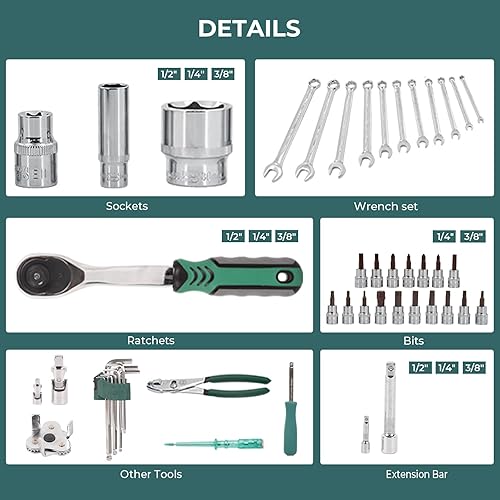 Miniatura 2 de Juego de herramientas mecánicas de 124 piezas, 14" y 38" y 12" unidad, forja CR-V, con estuche de almacenamiento
