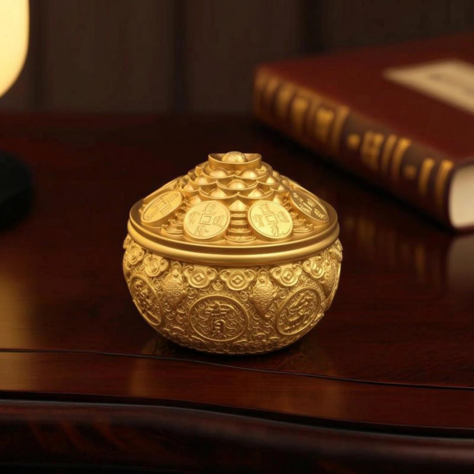 Ciotola del Tesoro Compatto Ciotola di Ottone Pesante Ornamento da Tavolo per Soggiorno, 4 Pollici, Vaso del Tesoro Jinchan con Coperchio Stile Anticato