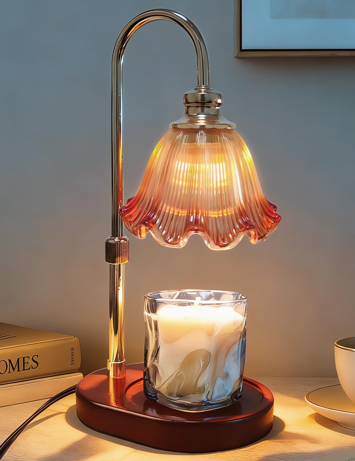 Banbanda Candle Warmer Lamp with wooden base and amber glass shade