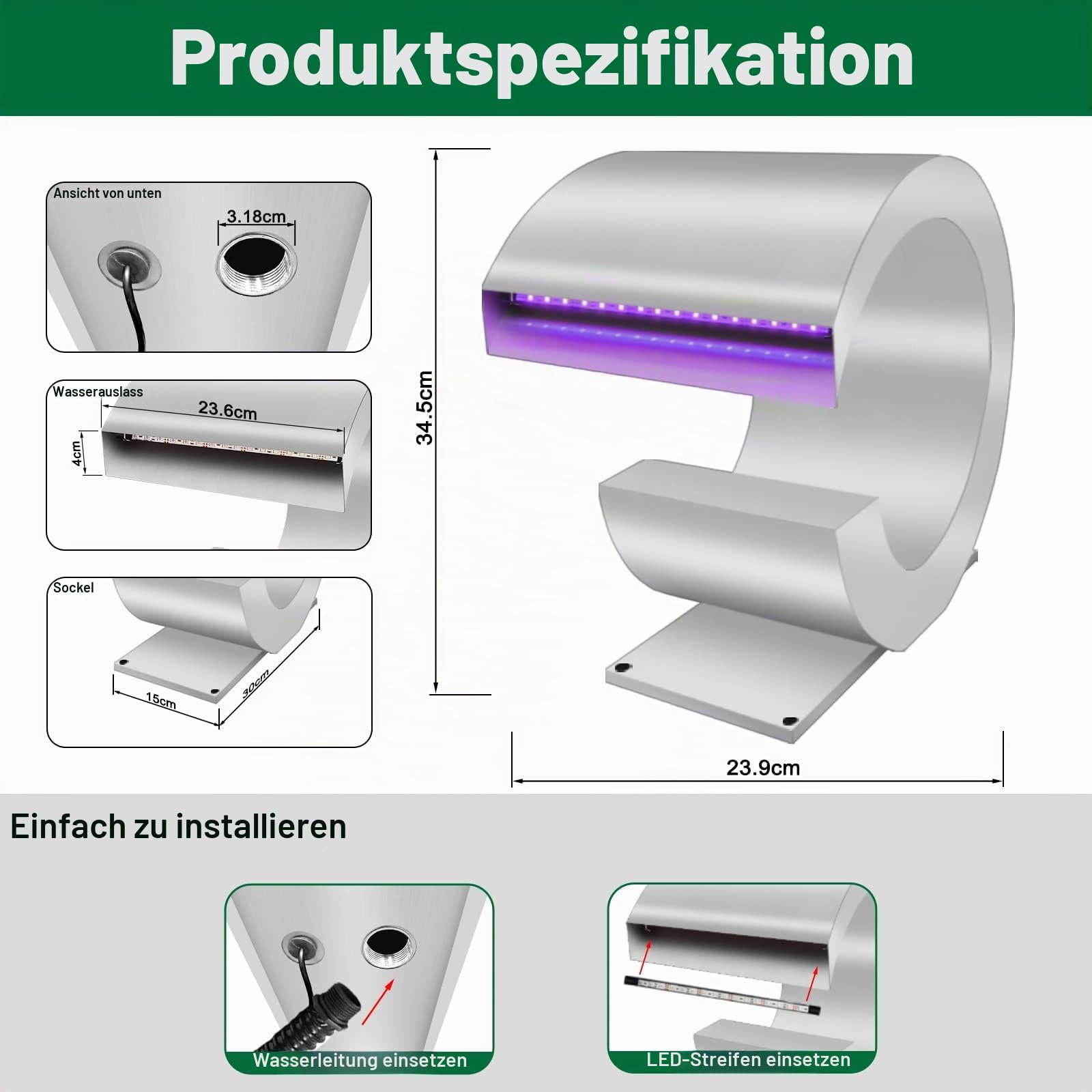 Longrun J -förmiger Wasserfall Spillway Edelstahl Swimmingpool Brunnen, RF & App Kontrollierte LED Licht Outdoor Teichwasserfälle Kit für Garten Terrasse Pool Koi Teiche Dekoration-34.5 cm Höhe