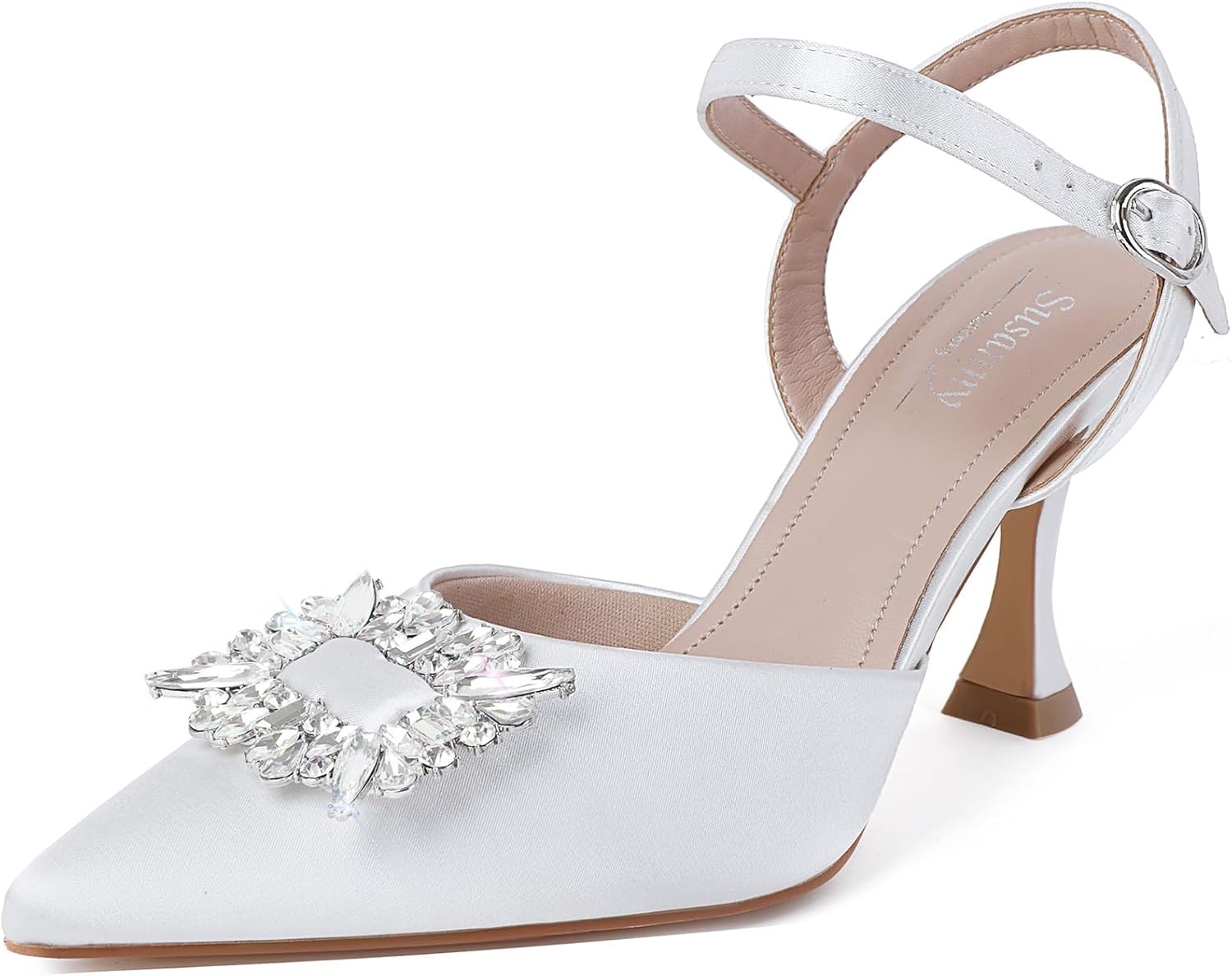 Women's Closed Toe Rhinstone Wedding Low Heel Slingback Clear Kitten