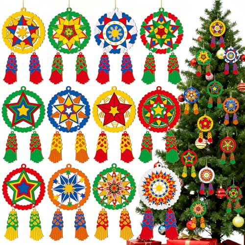 24 Pcs Christmas Parol Lantern Filipino Wooden Philippine Christmas Ornaments for Tree Decorations Hanging Ornaments Traditional Capiz Star Pendant Sign for Xmas Gift Home Window Holiday Decor Navidad