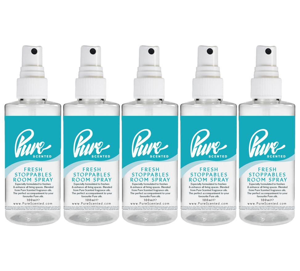 "Pure Scented 500ml Room & Fabric Sprays 5 x 100ml Suitable For Home, Car, Caravan, Work, Gym Bags, Odour Eliminators (5 x 100ml, Fresh Stoppables)"