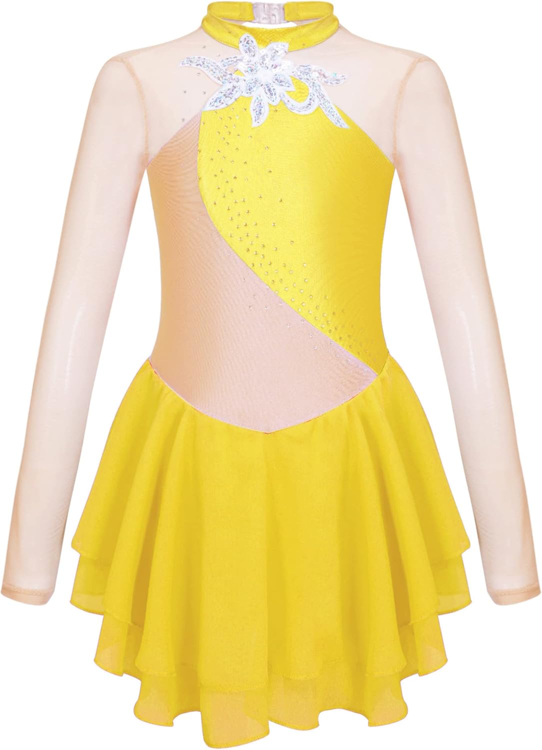 Doomiva Mädchen Eiskunstlaufkleid - Langarm Glitzerkleid Für Ballett & Tanz, Mit Chiffon-Rock