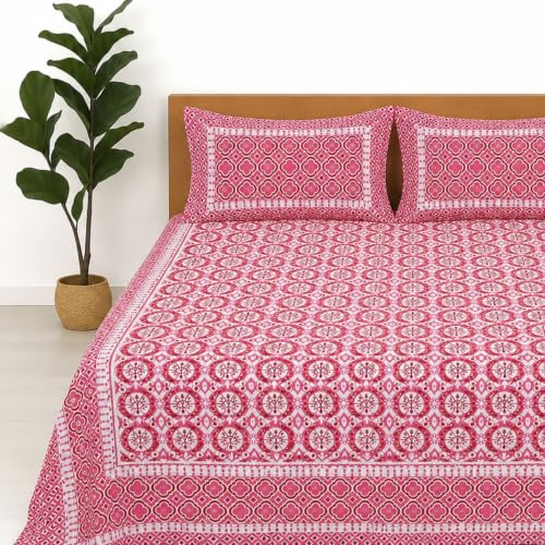 Image of Jaipur Weaves Jaipuri Double Bed Cotton Bedsheet Queen Size 90x85, 120 TC 100% Pure Cotton Bed Sheet with 2 Pillow Covers, Floral Traditional Print (Pink Floral, Double)