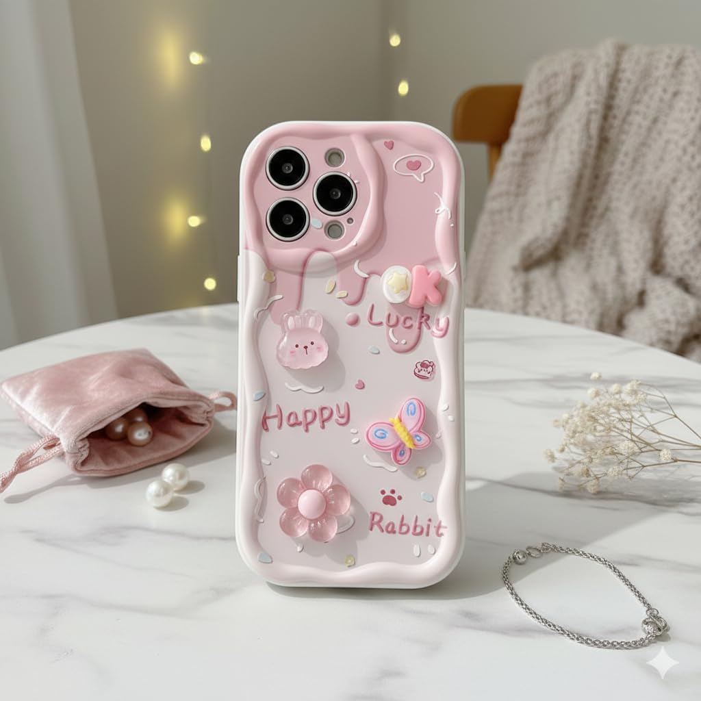 Cute 3D Bunny Phone Case Compatible with iPhone 17 Pro Max - Pink Floral TPU Shockproof Case with Strap, Kawaii Aesthetic Phone Cover for Girls, Gift for Her (iPhone 16 Pro Max) image 2