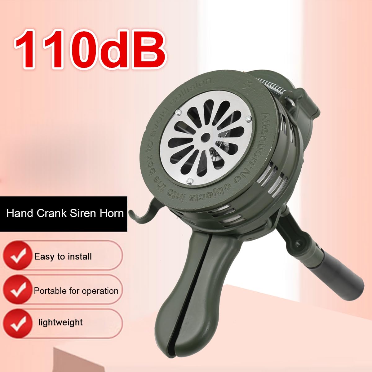 Sirena de mano, manivela, sirena de alarma, portátil, alarma de manivela de 110 dB, control manual de ataque de aire, alarma manual para fábricas, escuelas, guardacostas, verde oscuro