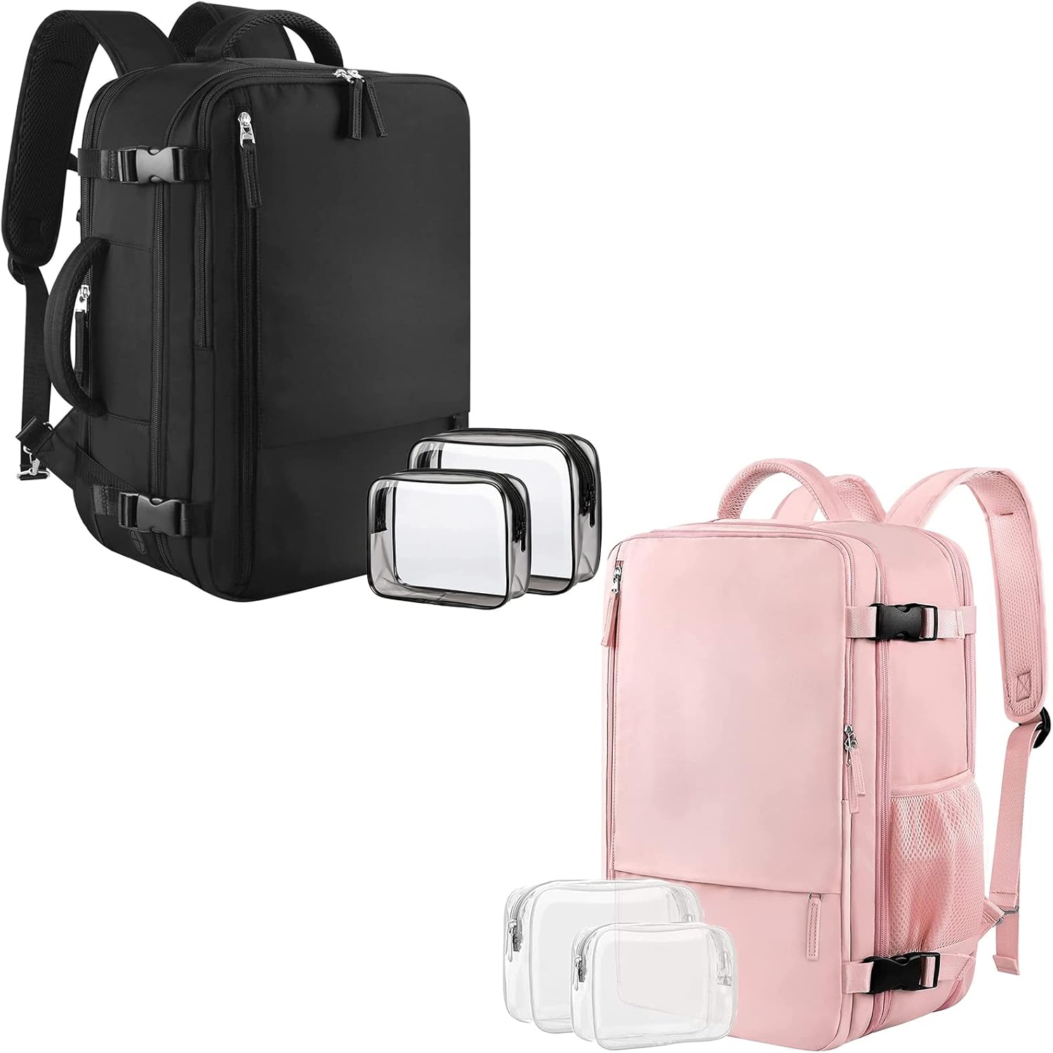 Sinaliy Large Travel Backpack (Black+Pink), 40L Carry On Backpack, 17 Inch Laptop Backpack, Waterproof Backpack, College Bookbag, Laptop Backpack, Backpack for Women, as Person Item Flight Approved