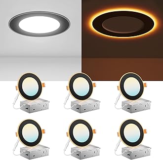 Amico 6 Pack Black 4 Inch 5CCT LED Recessed Ceiling Light with Night Light, 2700K/3000K/3500K/4000K/5000K Selectable Ultra-Thin Lighting, 10W=90W, 700LM, Dimmable Canless Wafer Downlight - ETL&FCC