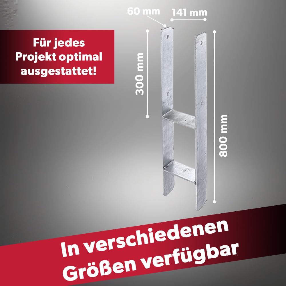 6 x siwitec H-Pfostenträger 800 x 141 mm, Materialstärke 6 mm, feuerverzinkt, Pfostenanker zum Einbetonieren mit CE-Kennzeichnung, Pfostenträger zum Einbetonieren, Pfostenschuh, Pfostenhalter