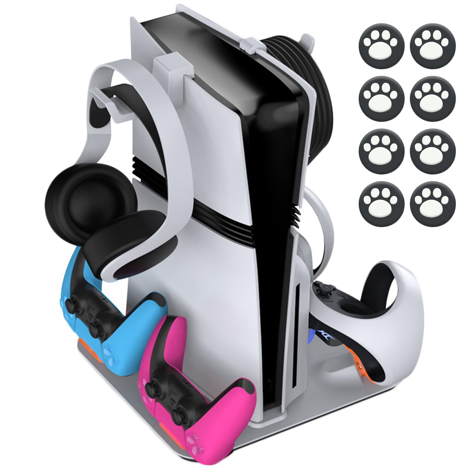 Supporto di Ricarica con Ventola di Raffreddamento per PS5 Pro/PS5 Slim/PS5 Digital/Disc Edition, Dock per Controller PSVR2, con Ricarica Controller, Indicatore LED, Gamepad Joystick Cappucci