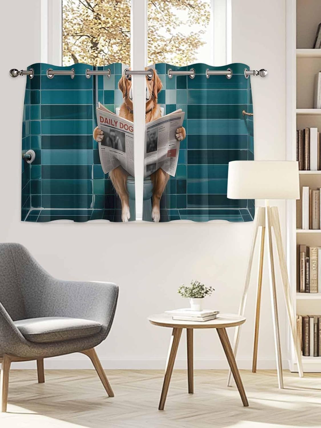 Grommet Top Draperies for Bedroom/Living Room/Kitchen, Toilet Toilet Dogs Newspaper Cigarette Smoking Golden Retriever Set of 2 Window Curtain Panels, 52 x 54 Inch Length