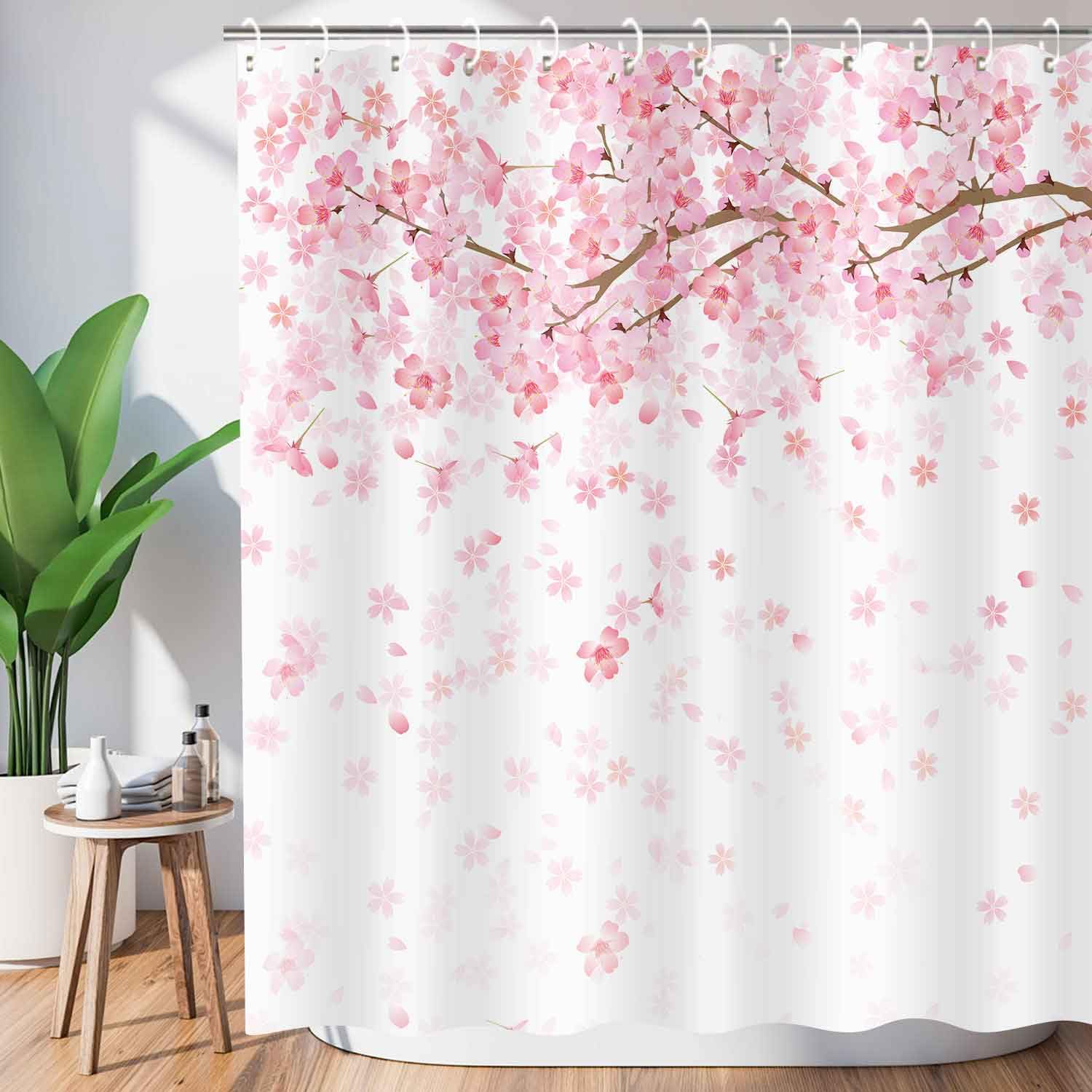 JAWO Floral Shower Curtain for Bathroom, Spring Flowers Cherry Blossom Cherry Blossom Shower Curtain Pink Falling Petals Janpenese Asian Style Polyester Fabric Bath Curtains Set with Hooks 72x72