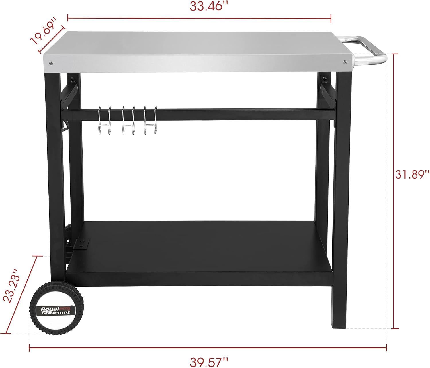 Royal Gourmet Dining Cart Table with Double-Shelf, Movable Stainless Steel Flattop Grill Cart, Hooks, Side Handle, Multifunctional and Commercial PC3401S (Silver)