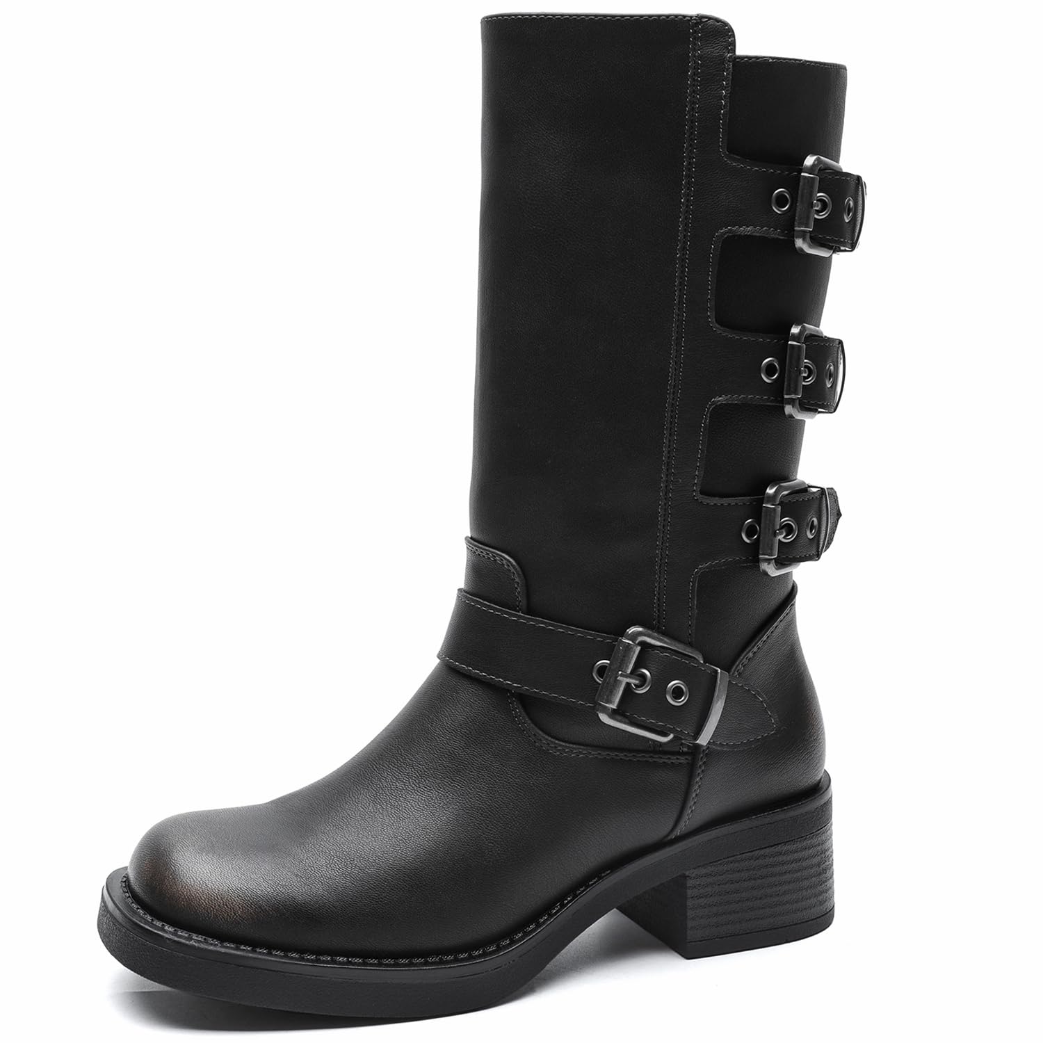 GLOBALWIN Women's Motorcycle Boots Fall Fashion Mid Calf Boots For Women Square Toe Low Heel