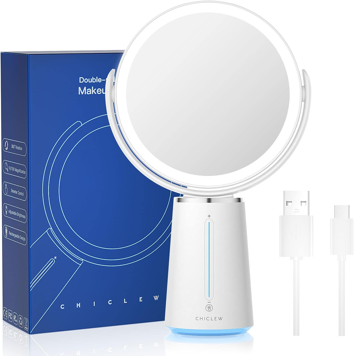 CHICLEW Cosmetic Mirror with Lighting, Illuminated Magnifying Mirror 10X/1X, Double-Sided LED Table Mirror, 360° Rotatable, USB Rechargeable Makeup Mirror with Light with Smart Touch Slider