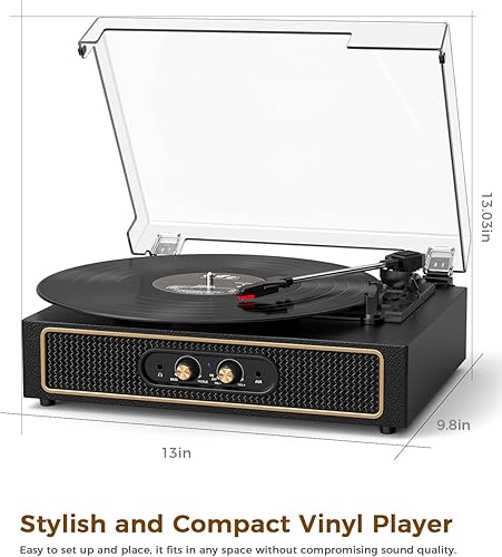 Miniatura 10 de Tocadiscos retro Bluetooth con altavoces integrados, tocadiscos de 3 velocidades de transmisión por correa, control de graves y agudos, reproductor