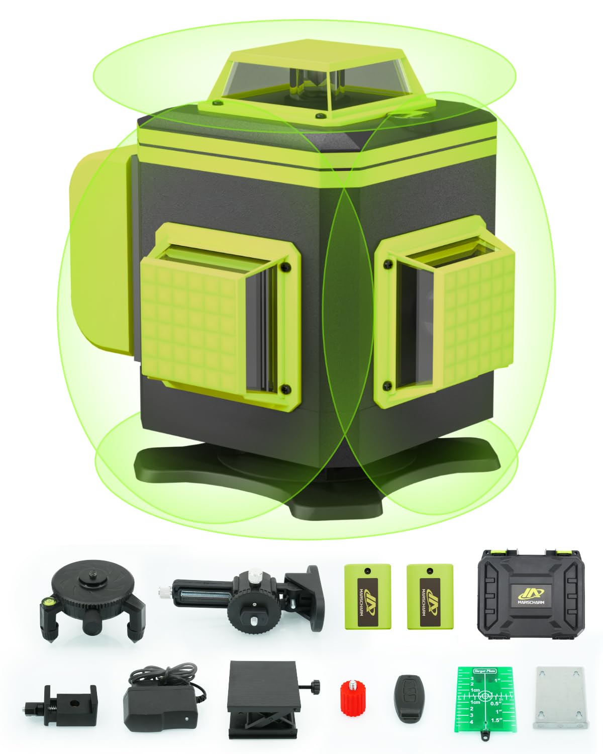 Cross Line Laser, niveau à bulle laser vert auto-nivelant 4x360 degrés avec affichage numérique, laser rotatif avec batterie au lithium 2 * 2400mAh, laser de construction laser linéaire