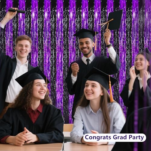 Image of BEISHIDA Black Purple Door Streamers Backdrop Foil Fringe Tinsel Party Streamers Curtains Photo Backdrop - 2Pcs for Birthday Graduation Halloween Party Decoations