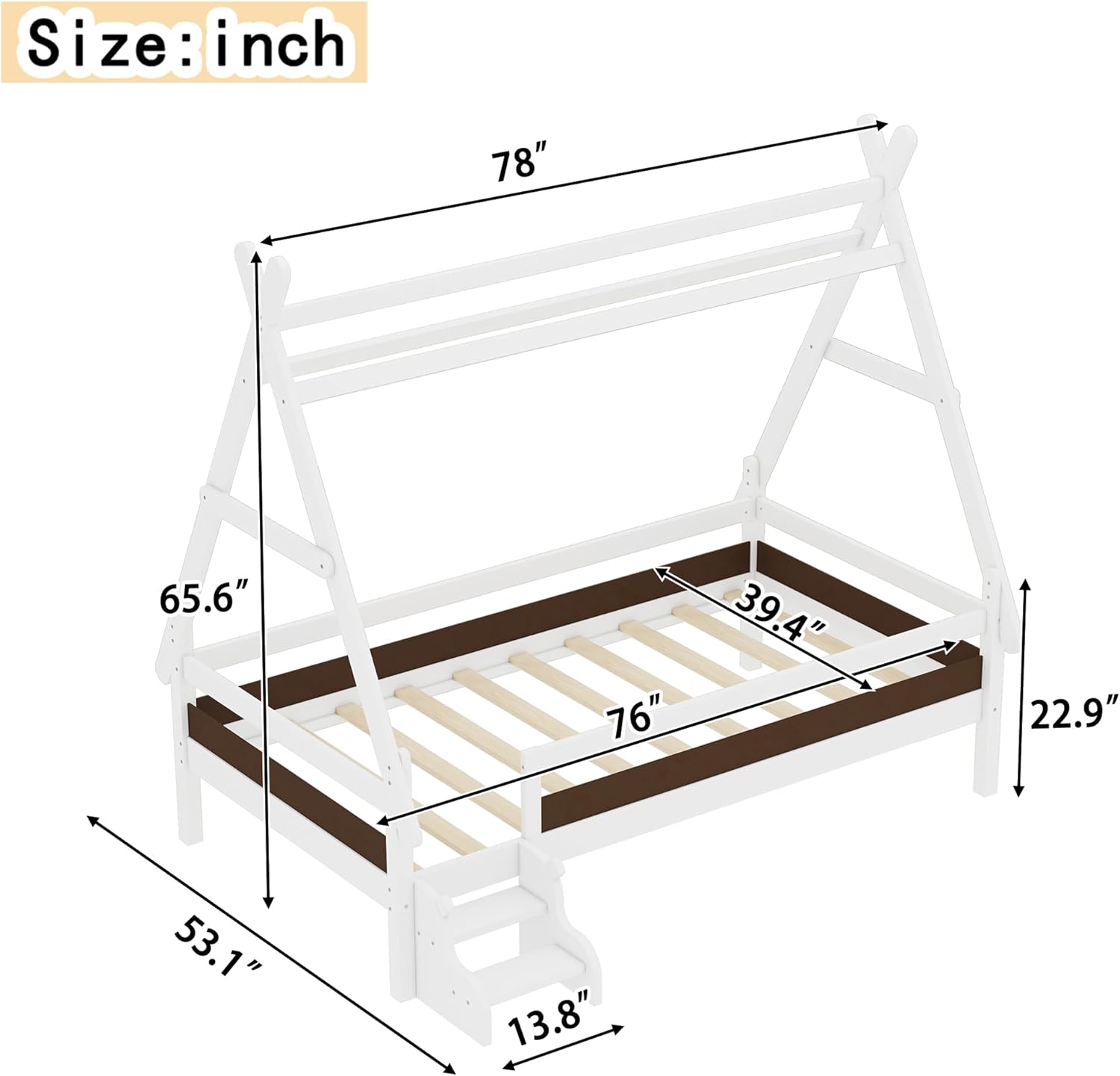Bellemave Twin Size House Bed with Stairs, Solid Wood Low Profile Platform Bed Frame, Fun Playhouse Design for Kids, White Finish