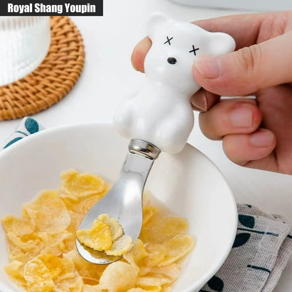 6 PZ Mini 13,5 Cm/5,3 Pollici Simpatico Orsetto Manico in Ceramica Cucina Posate in Acciaio Inossidabile Stoviglie Posate Coltelli Forchette Cucchiai Set Per 2 Persone (Bianco+Nero)