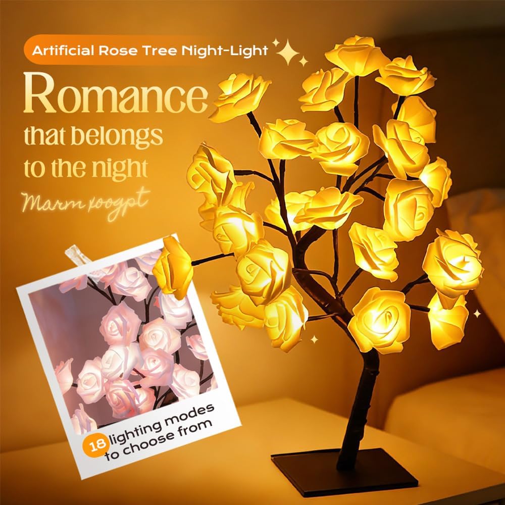 Rose Flower Tree Lamp, 2026 New 24 LED Roses Tree Table USB Lamp for Warm & Romantic Atmosphere, Elegant Artificial Flower Night Light for Mother’s Day, Christmas, Valentine’s Day, Party, Wedding (#C)