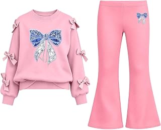 Girls 2 Piece Outfits White Sweatshirt and Black Flare Pants Set with | Bow Applique Print Cute Fall Winter Clothes for Kids School Party Casual Daily Wear Fashionable Elegant Outfit
