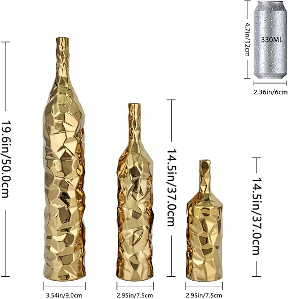19.6 Tall Gold Floor Vase Set of 3 - Ceramic Large Vases for Living Room, Entrance Table Centerpieces, Modern Skinny Vases for Pampas Grass, Boho Single Flower Decorative