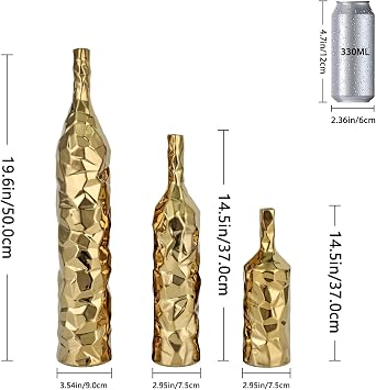 19.6 Tall Gold Floor Vase Set of 3 - Ceramic Large Vases for Living Room, Entrance Table Centerpieces, Modern Skinny Vases for Pampas Grass, Boho Single Flower Decorative