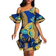 Women African Print Dress Summer Knee Length Dress with Ruffle Edge Fashion Ankara Dress