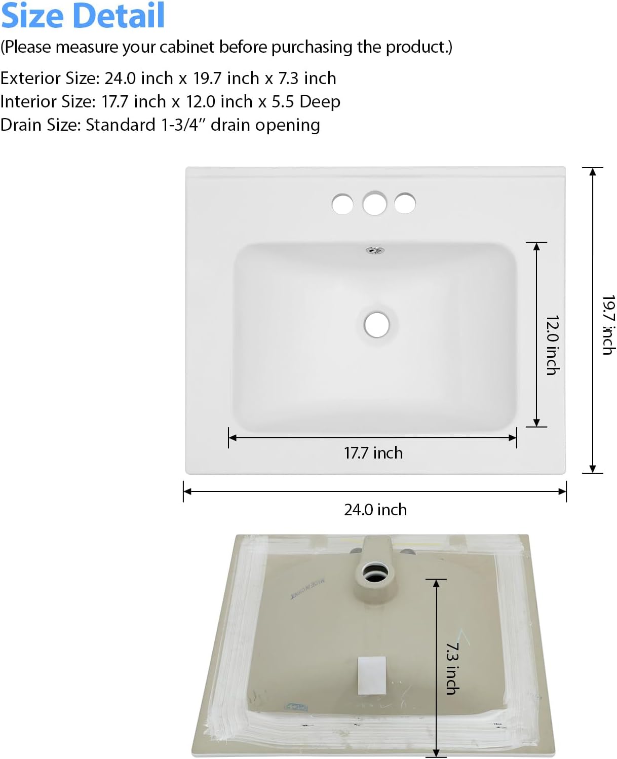 Lordear White Bathroom Sink 3 Holes Drop In 24 X 20 Inch Three Holes Porcelain Ceramic Bathroom Vanity Top Sink Basin 24"