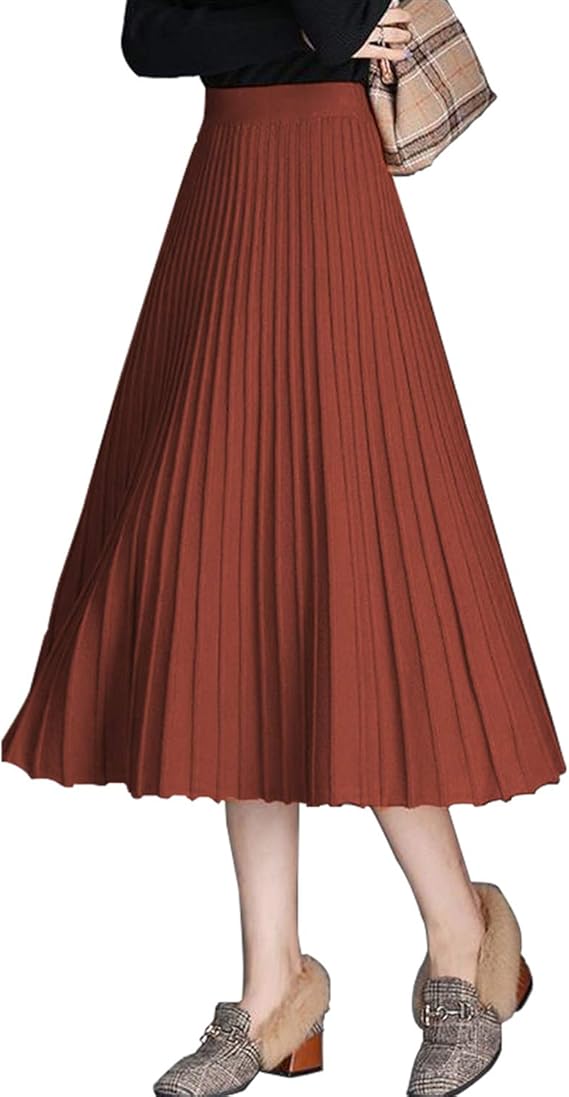 Amazon レディース スカート ロング ニットスカート 無地 春服 通気 プリーツ 膝丈 Aライン フレアスカート ゴムウェスト シンプル カジュアル 通勤 春秋 キャラメル スカート 通販