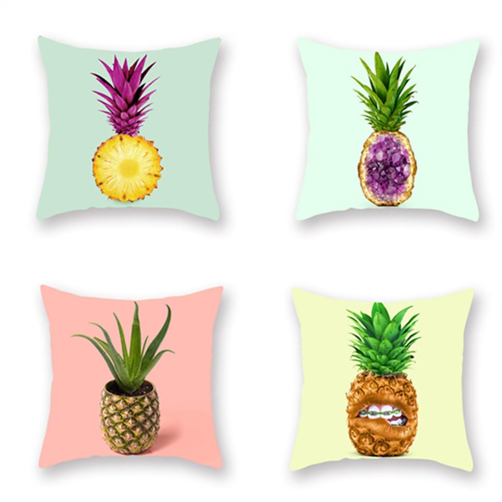 Juego de 4 Impermeable Funda de Cojín Fruta de piña,55x55cm Moderno Suave Transpirables Lino Fundas de Almohada Cojines Decorativos con Cremallera Oculta para Exterior Sofá Cama Coche Hogar