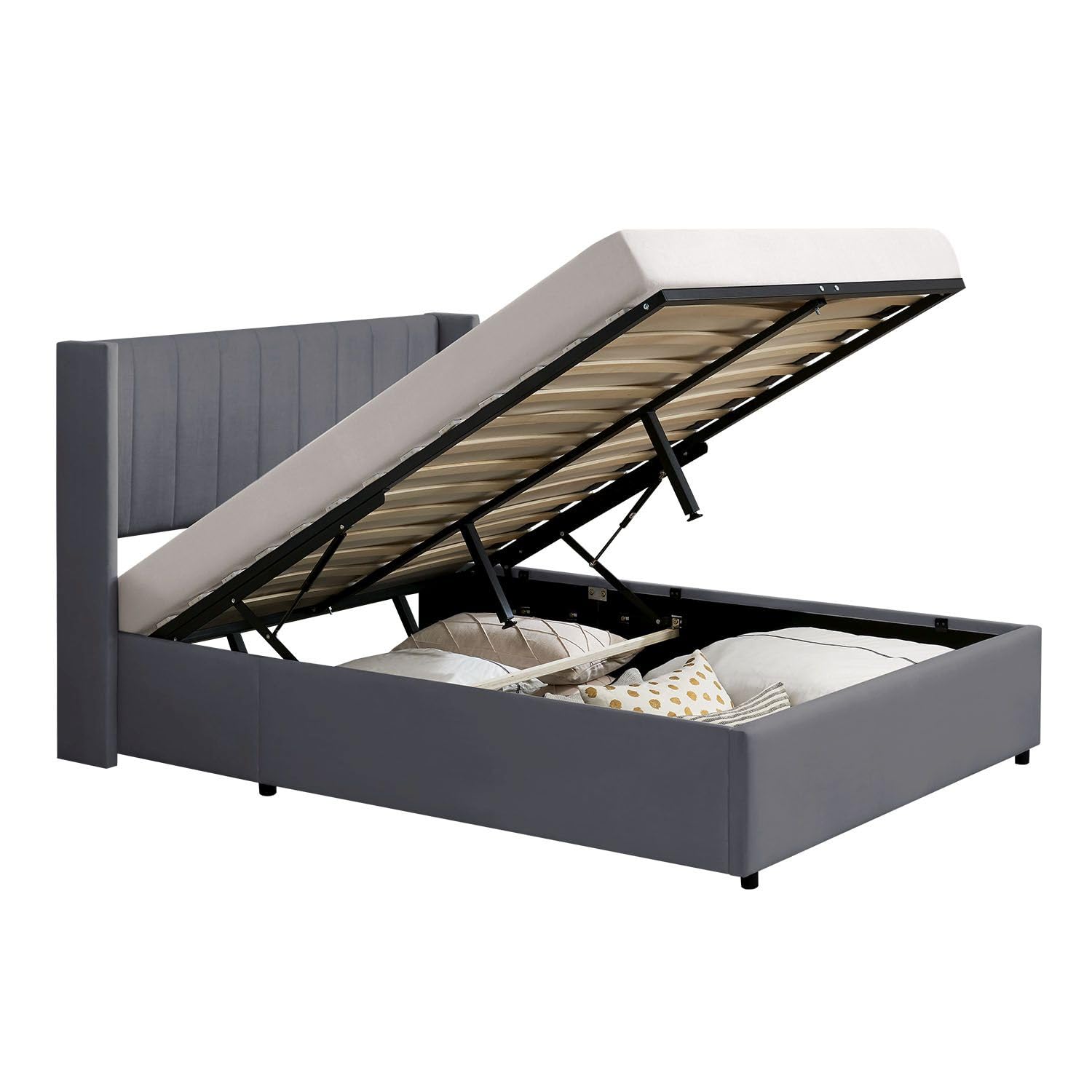 Juskys letto imbottito Savona 120x200 cm, letto con contenitore, rete a doghe, rivestimento in velluto, struttura in legno, fino a 250 kg, testiera grande, grigio scuro