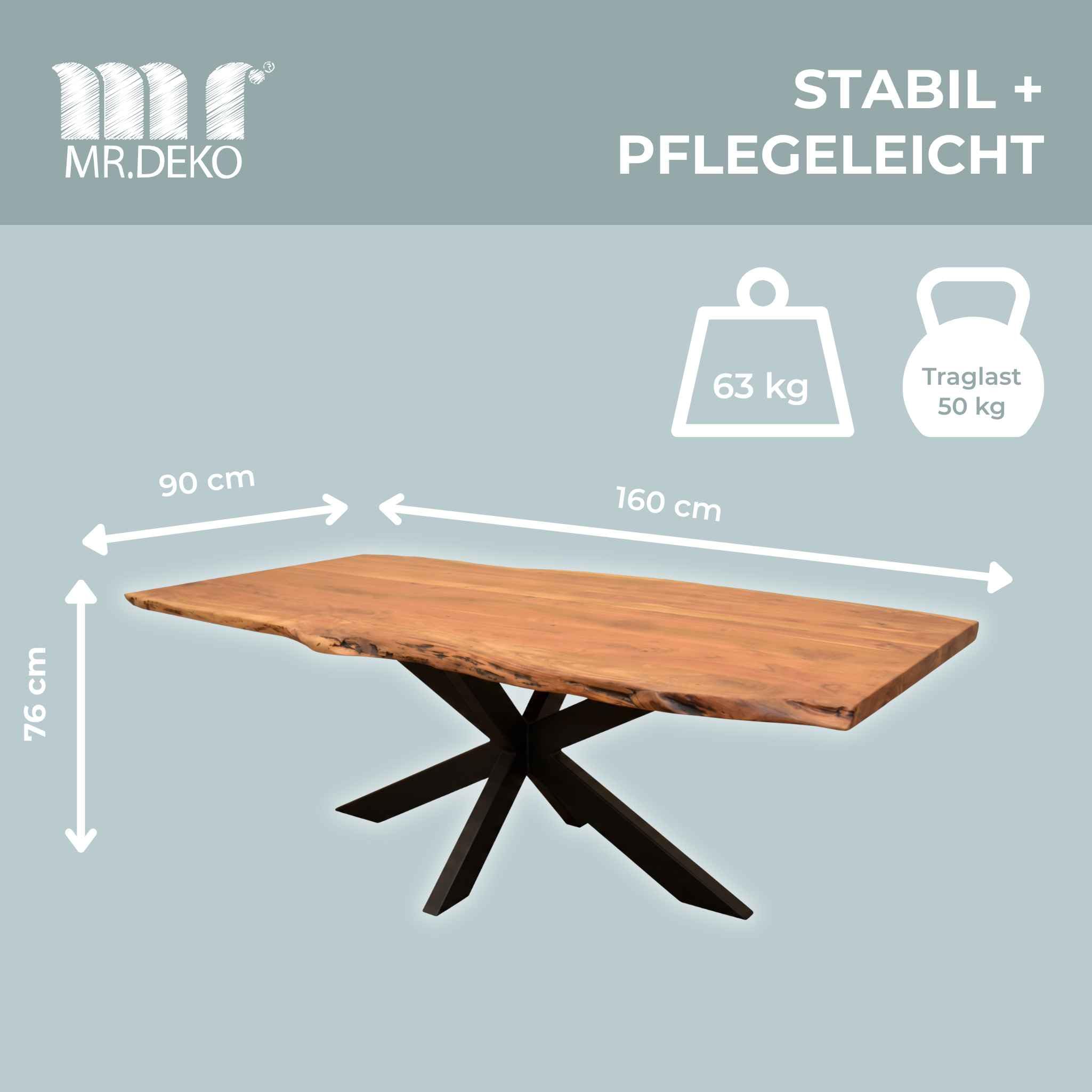 MR. DEKO Esstisch Baumkante Catania | Küchentisch Massiv-Holz 160x90x76cm