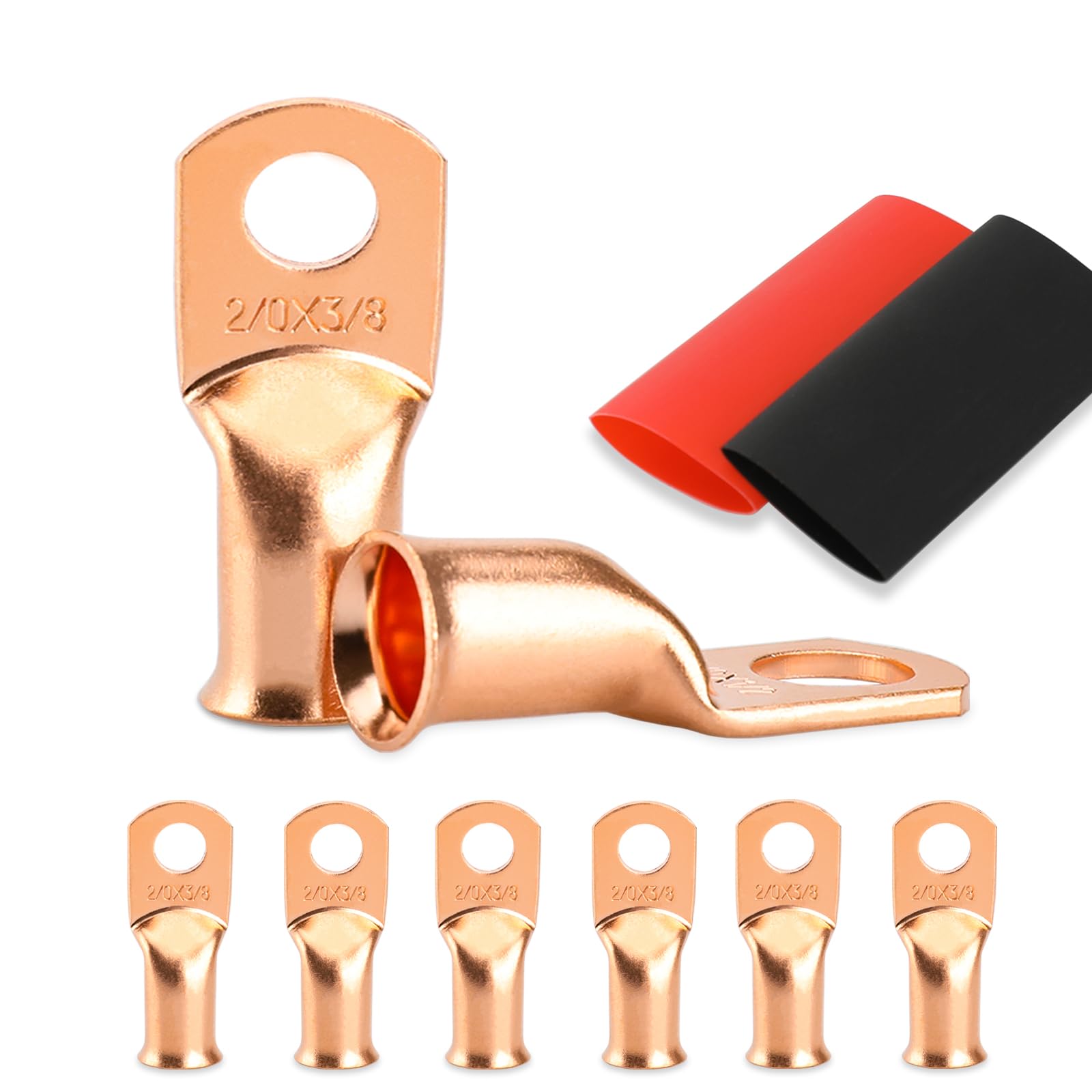 Battery Cable Ends, 8PCS Battery Cable Ends, 2/0 Gauge Wire Connectors 3/8 Copper Wire Lugs, Bare Copper Eyelets with Heat Shrink Tubing