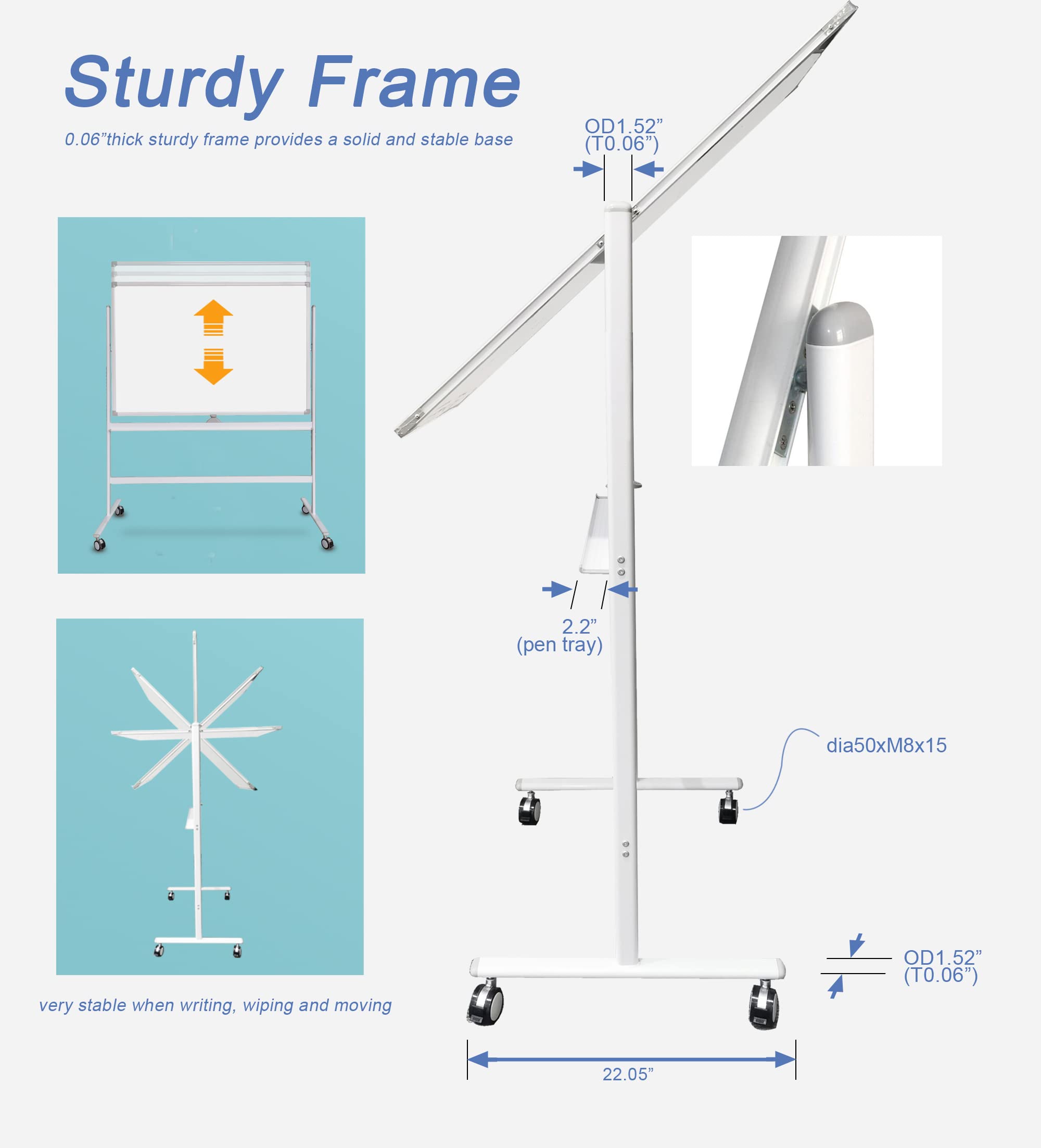 Mobile Magnetic Dry Erase Board, 32 x 48 Inches, Double Sided Height Adjustable Rolling White Board with Casters Stand…