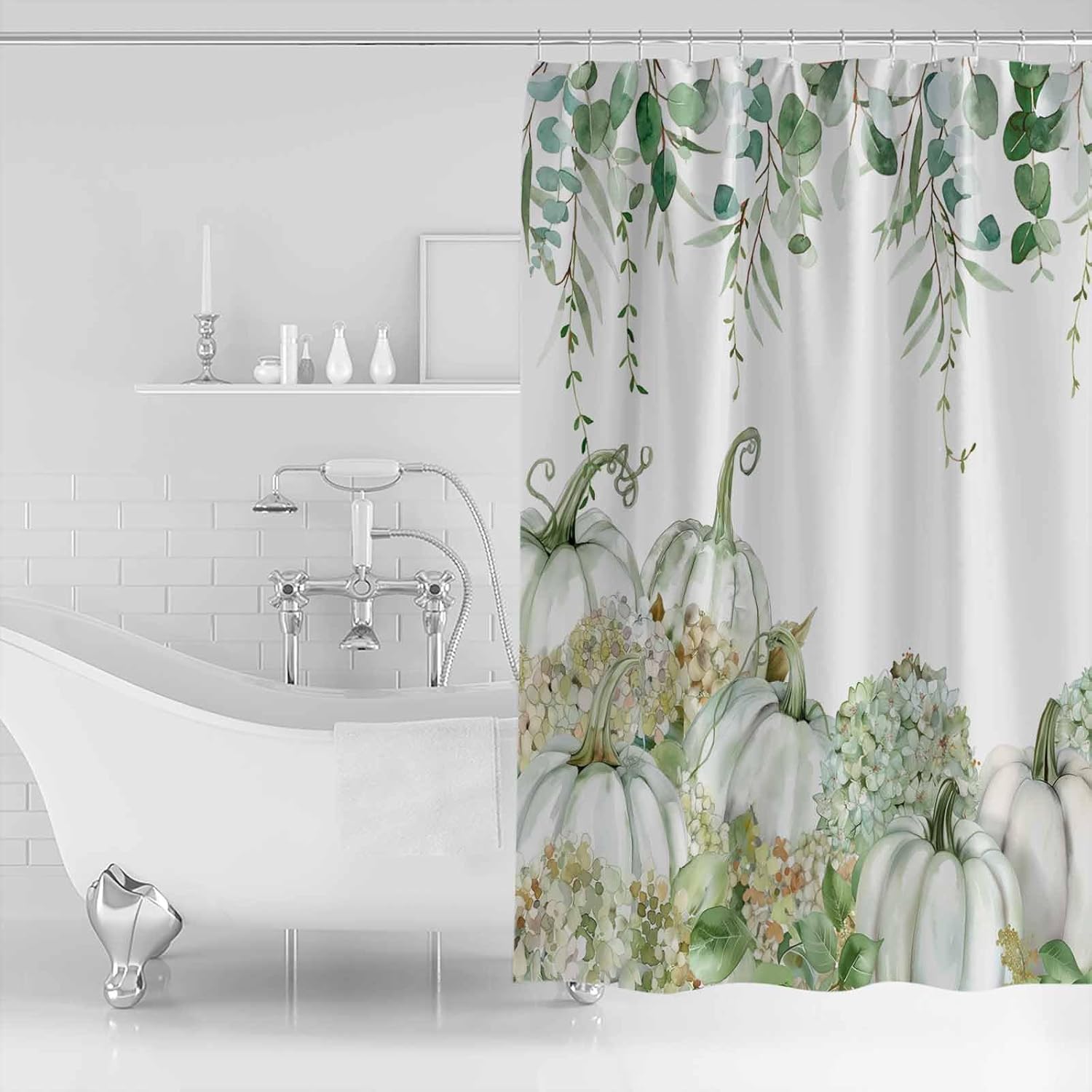 Fall Green Pumpkin Shower Curtain,Eucalyptus Leaves and Hydrangea Waterproof Fabric Shower Curtain Set with Hook for Bathroom,Watercolor Pumpkin Small Stall Bath Curtain for Bathtubs Decor 36"x78"
