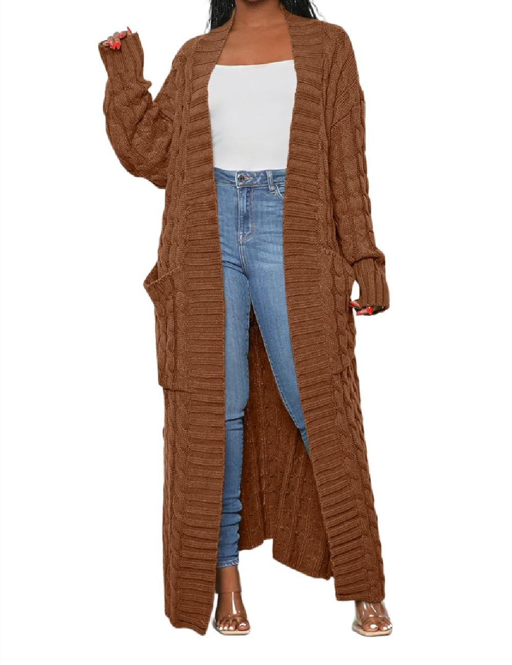 Womens Thin Stylish Cable Knit Dual Extra Long Maxi Cardigan with 2-Pockets