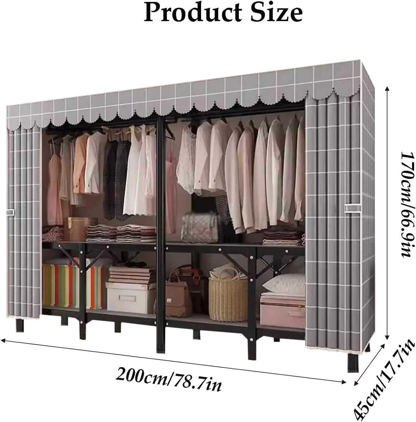 Armadio Portatile in Ferro con Copertura in Tessuto, Armadio for Camera da Letto, Armadio di stoccaggio di Grande capacità(A,200cm/788.7in)