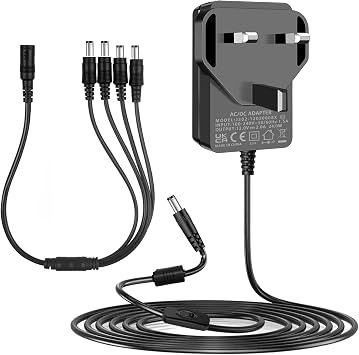 Security Camera Power Supply, 12V 2A Power Supply for 12Vdc CCTV Camera Home Security Camera DVR/NVR/HVR Analog AHD IP Surveillance System Monitoring Camera with 4 Split Power Cable