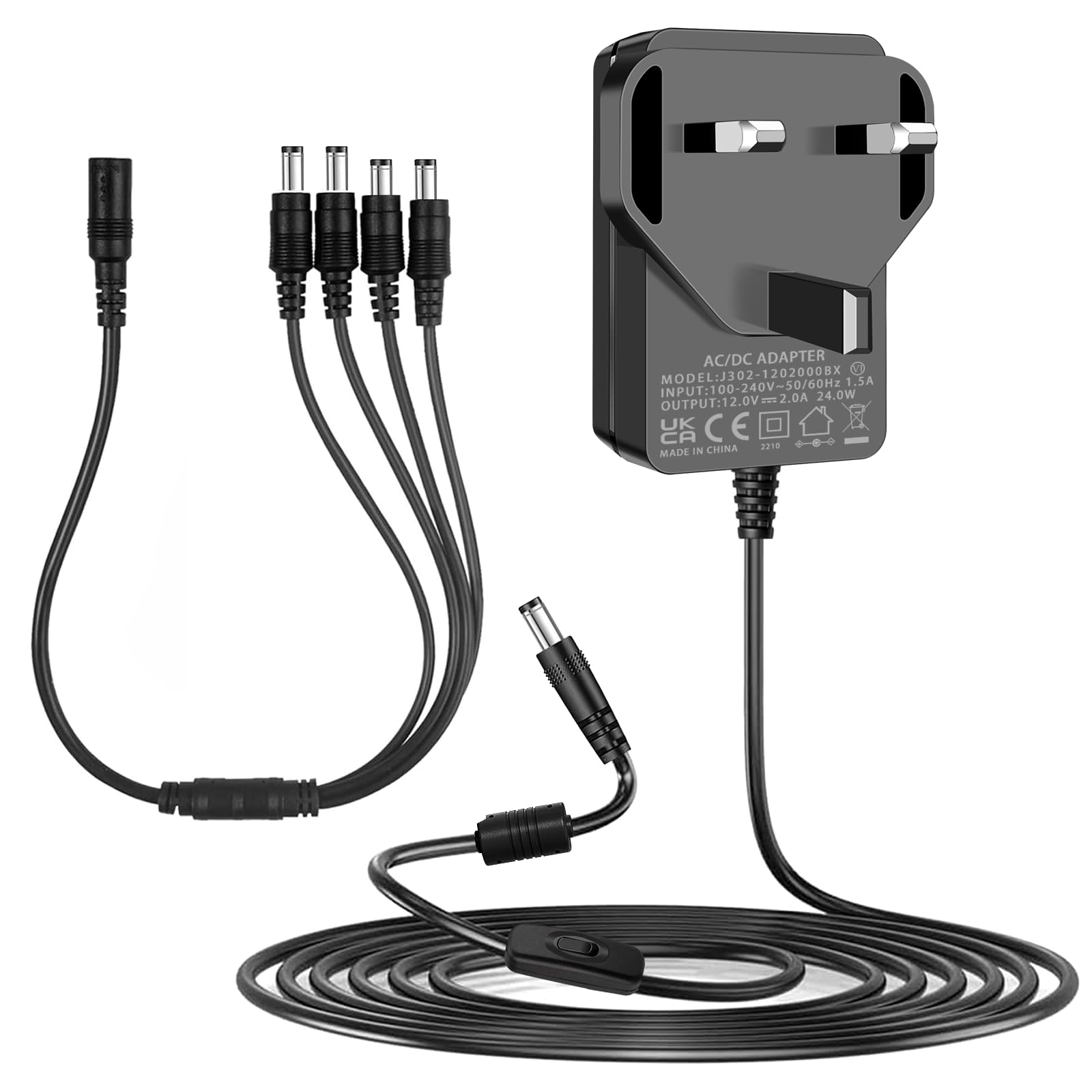 Security Camera Power Supply, 12V 2A Power Supply with 4 Split Power Cable