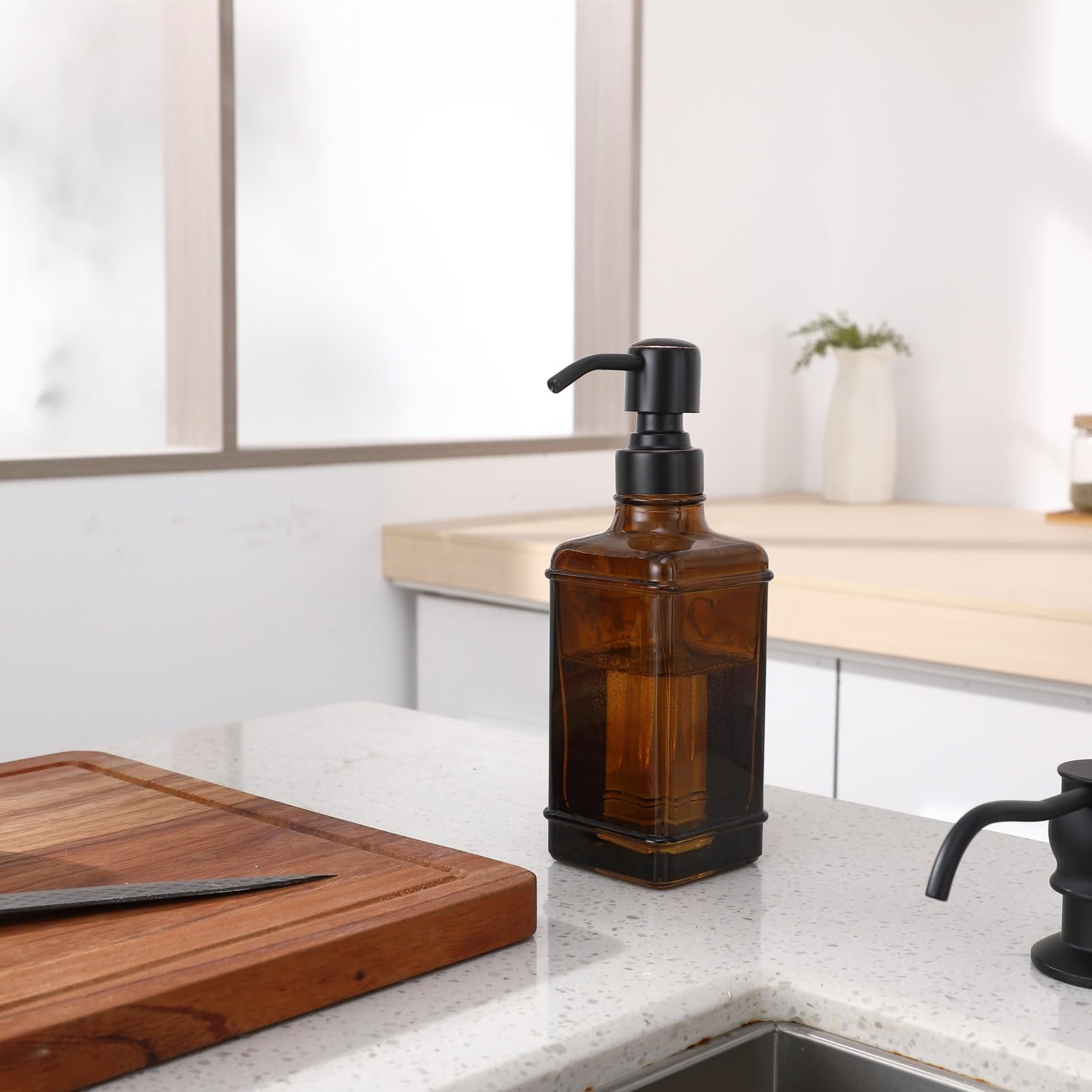 Dispenser di sapone per le mani, confezione da 2, con bottiglia di vetro ambrato spesso dal design antico, 325 ml, in acciaio inossidabile antiruggine 304, pompa in bronzo lucidato a olio, 6