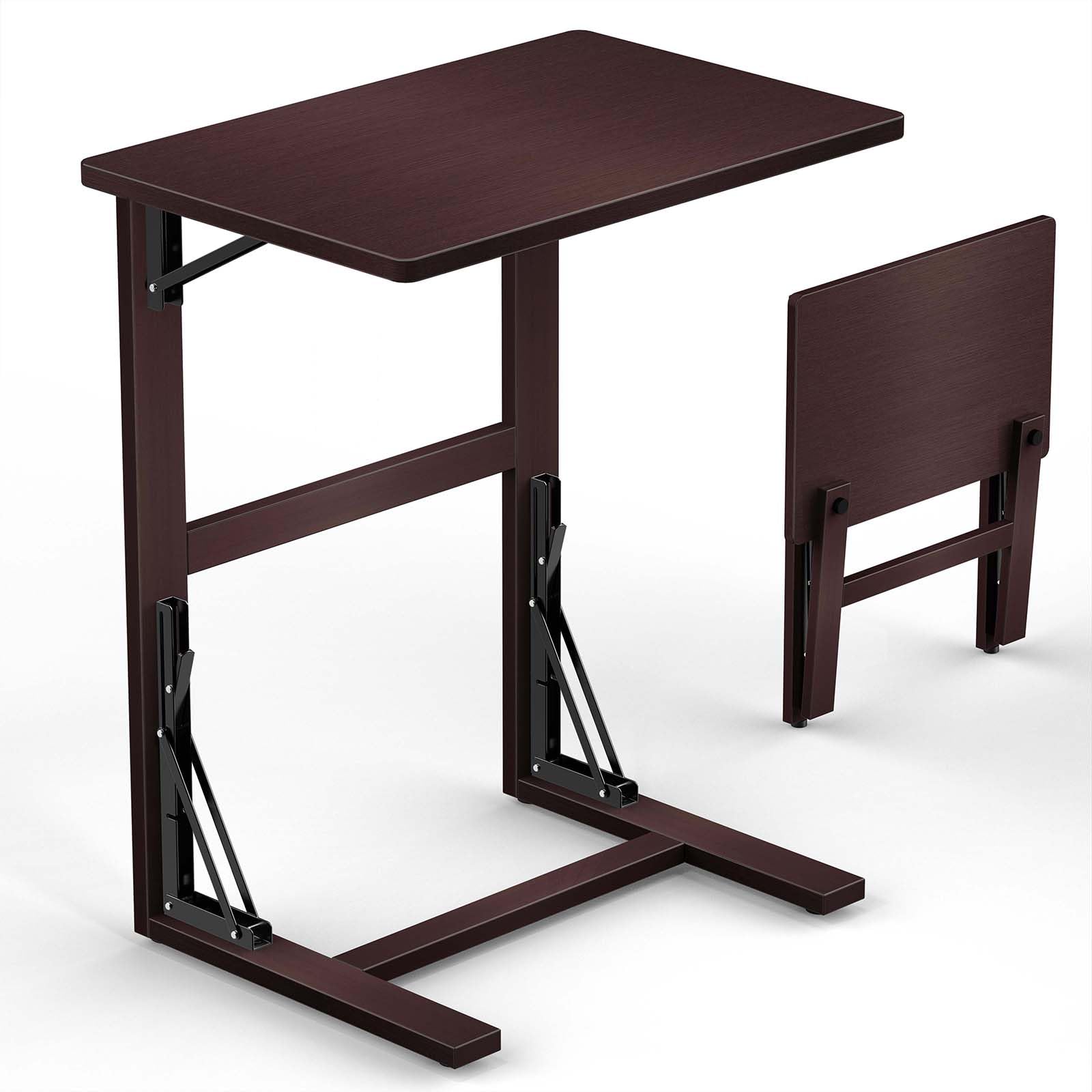 24'' Wide Folding C Shaped End Table, Small Sofa Side Laptop Desk, Couch TV Tray Table for Living Room, Bedroom, Bamboo, Espresso