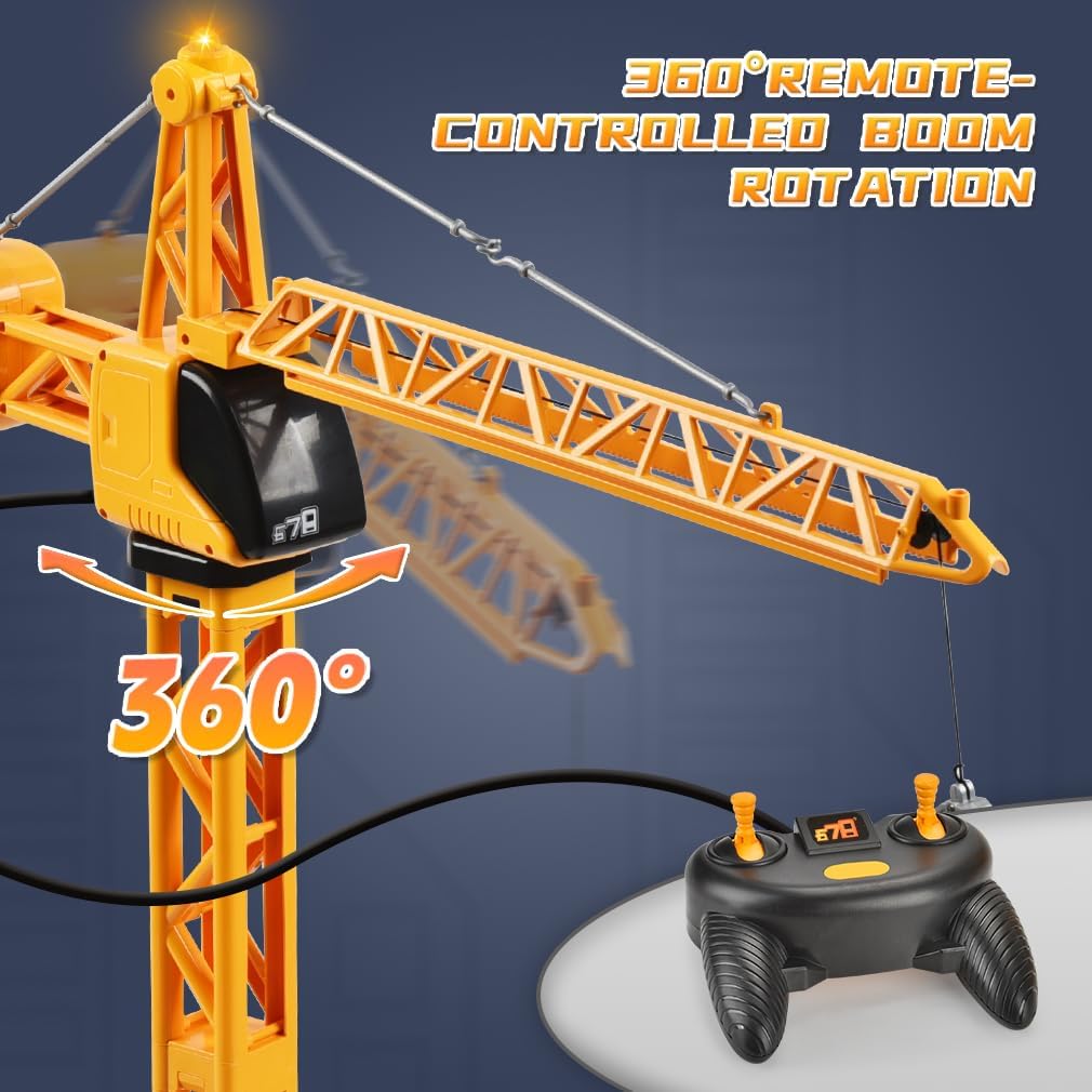 28-Inch RC Construction Tower Crane Toy for Kids, 4 Channel Remote Control Crane Toy with LED Light, Grabber, Log, Lifting Basket, 360° swivel, STEM Educational Learning Toys for Boys Ages 3 and Up