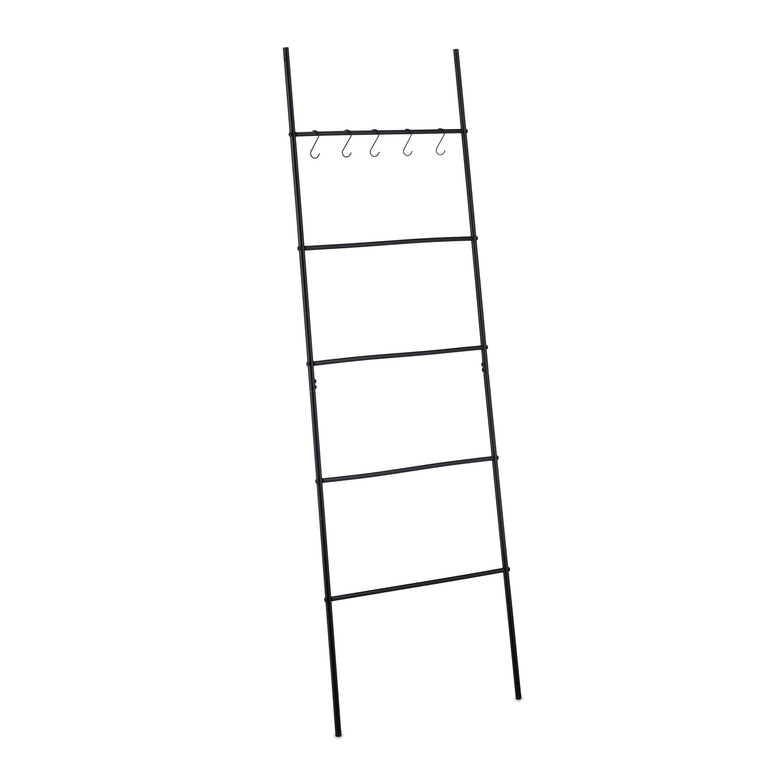 Relaxdays Towel Ladder, 5 Rungs & Hooks, HxW: 178x58 cm, Bathroom Rack, Steel, for Towels, Clothing & Decor, Black